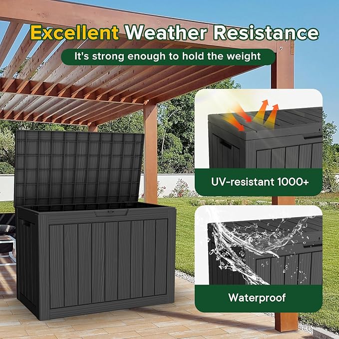 PatioZen 45 Gallon Outdoor Deck Box,Waterproof Resin Outdoor Storage Boxes, Outside Storage Lockable Container for Garden Tools,Indooor Cushions,Accessories (Black)