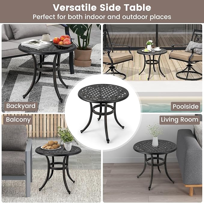 HAPPYGRILL Outdoor Aluminum Side Table, Patio Coffee Table with Adjustable Footpads, Heavy-Duty Small End Table, Lightweight Round Patio Table for Backyard, Porch, Poolside