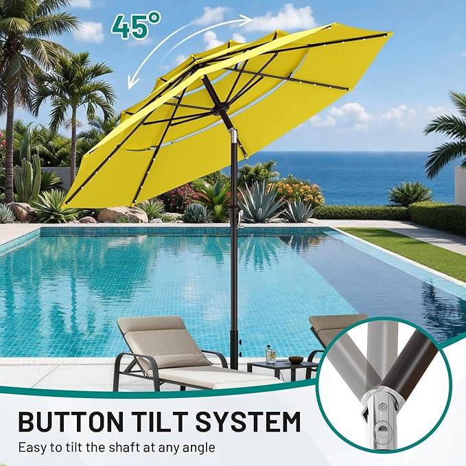 AreShark 9ft 3 Tiers Patio Umbrella with Solar Lights, Outdoor Umbrella w/ 32 LED Lights&8 Sturdy Ribs, Table Umbrella for Deck, Backyard, Pool (Yellow)
