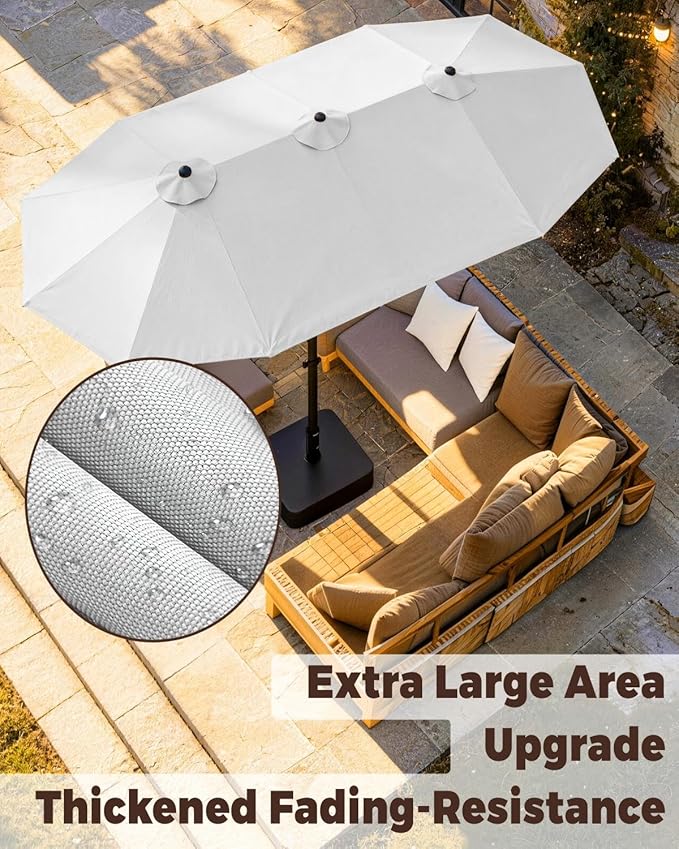 GDPFN 15FT Large Patio Umbrella with Base Included, Outdoor Deck Standing Umbrella with Crank Handle, Double-Side Rectangular Pool Umbrella for Outside, Market, Patio, Light Gray