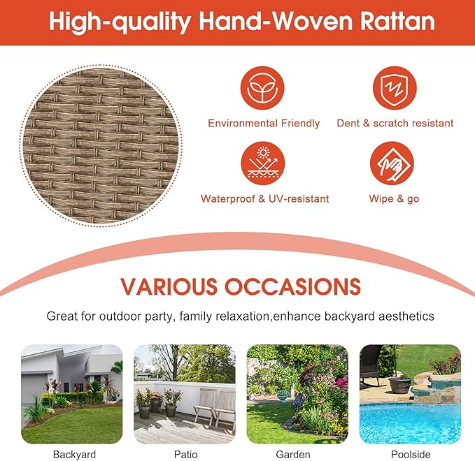 kinbor Outdoor Sectional Furniture - Outdoor Patio Conversation Sets, 7 Pieces Outdoor Sectional Sofas with Swivel Rocking Chair, Brown Wicker Rattan Patio Furniture Set, Orange
