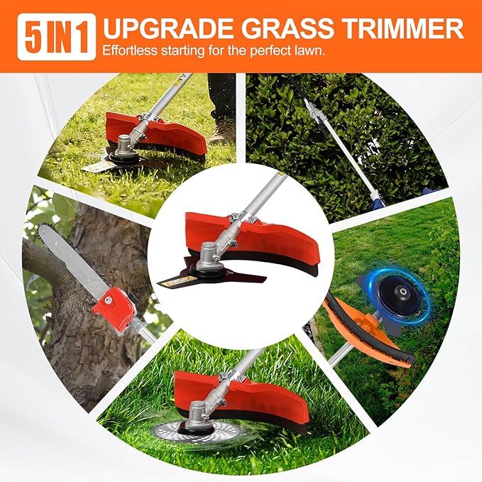 2025 Upgraded 5 in 1 Gas Multi Functional Trimming Tools, 52CC 2 Stroke Gas Weed Eater, Weed Wacker Gas Powered, 9500rpm High Power Gas String Trimmer, Brush Cutter for Garden, Yard, Home Orange