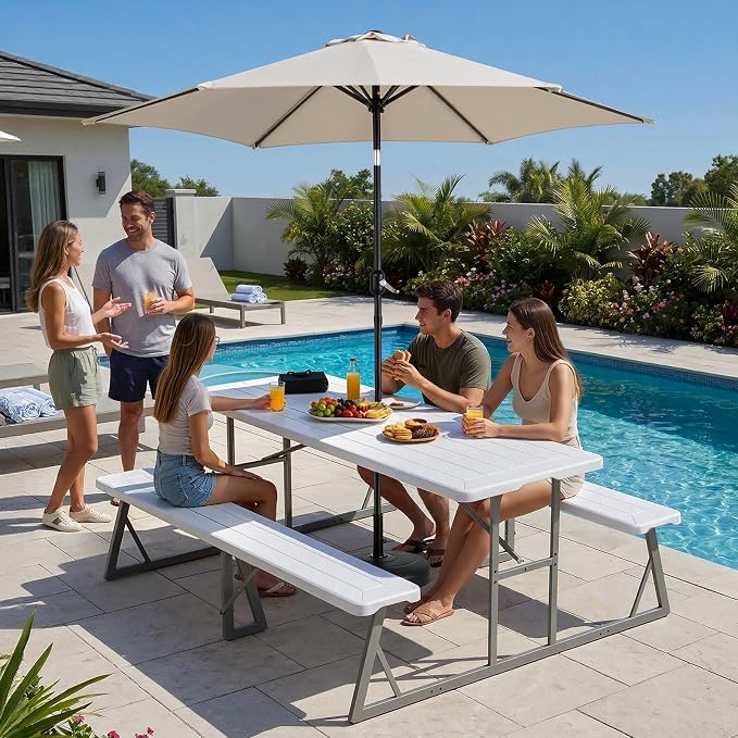 VINGLI Outdoor Picnic Table with 9 ft Umbrella, Wood Grain HDPE Top with Metal Frame Plastic Picnic Table for Dining Party Garden (White Table, Khaki Umbrella)