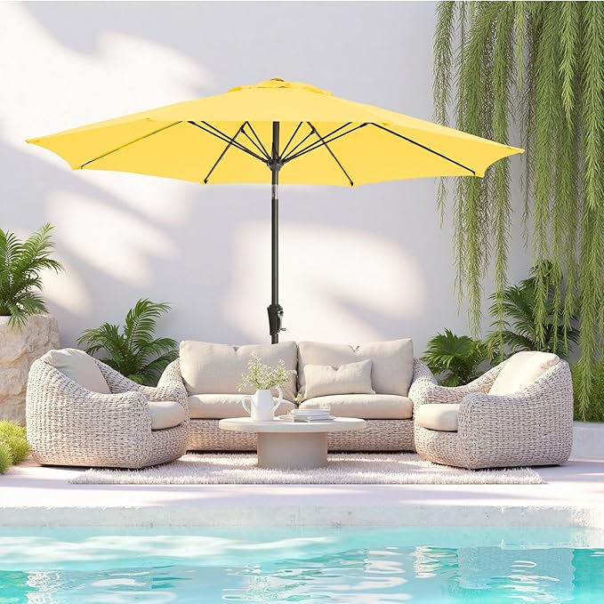 9FT Large Outdoor Patio Umbrella Pool Market Umbrella-UV Resistant, Easy Push Button Tilt and Crank, 8 Sturdy Ribs Heavy-Duty Table Umbrella for Deck, Backyard, Garden(Yellow)