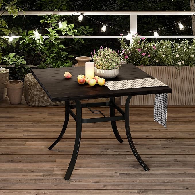 Grand patio Outdoor 37-Inch Square Dining Table Weather-Resistant Picnic Table Embossed Woodgrain with 1.5”Market Umbrella Hole for Garden, Lawn, Backyard