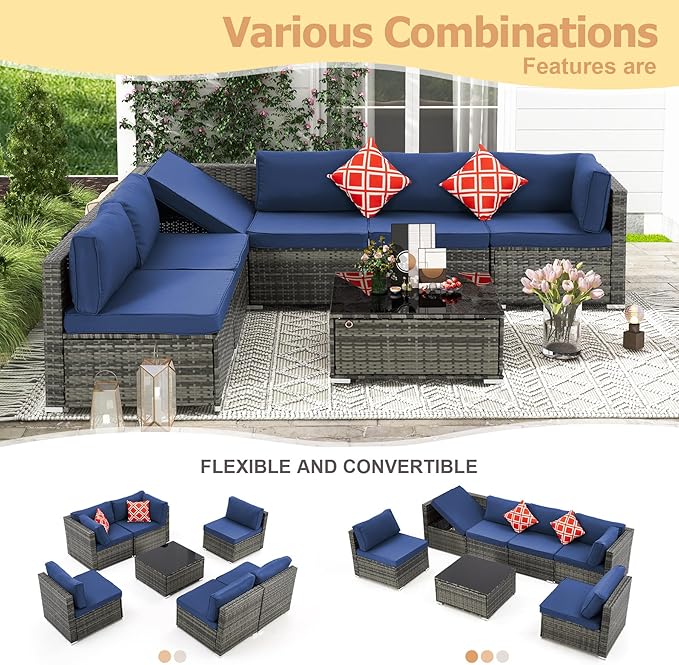 7 Piece Patio Furniture Set with Adjustable Bracket Wicker Rattan Patio Conversation Sets Outdoor Sectional Sofa Set with Wood Table and Cushions for Porch Lawn Garden, Navy Blue