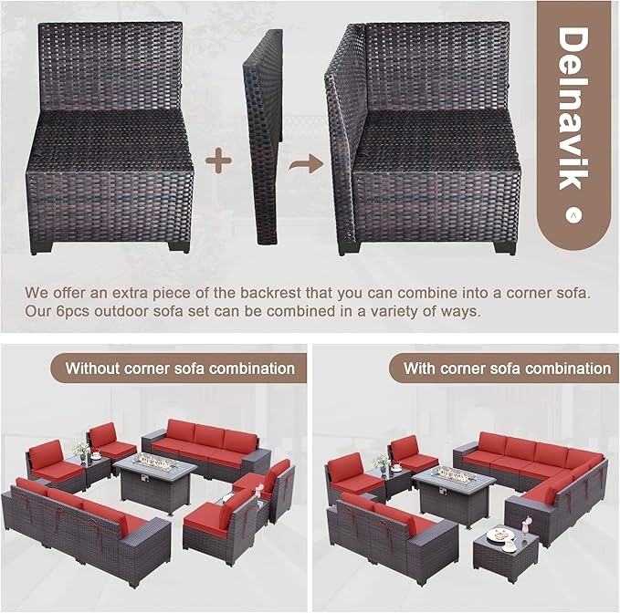 Patio Furniture Sectional Sofa Set 13PCS PE Rattan Patio Conversation Set w/43in Gas Fire Pit Table, Outdoor Furniture with 55000 BTU Propane Fire Pit, Red