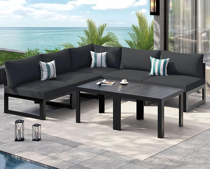 NICESOUL 5 Person Luxury Aluminum Outdoor Sectional Sofa with Side Table, Large L Shaped Patio Furniture Set, 29" Deep Wide Seating, 500 lbs Heavy Duty Conversation Set for Backyard Garden, Dark Gray