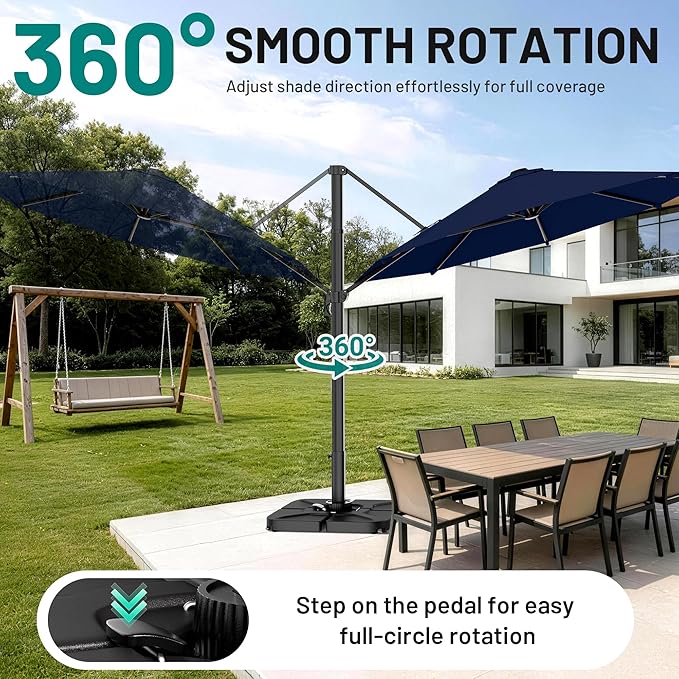 AreShark 11FT Round Cantilever Patio Umbrella with Base Included, 360° Rotation Offset Outdoor Umbrella, 5 Tilt Settings Heavy Duty Hanging Parasol for Deck Garden Pool, Navy