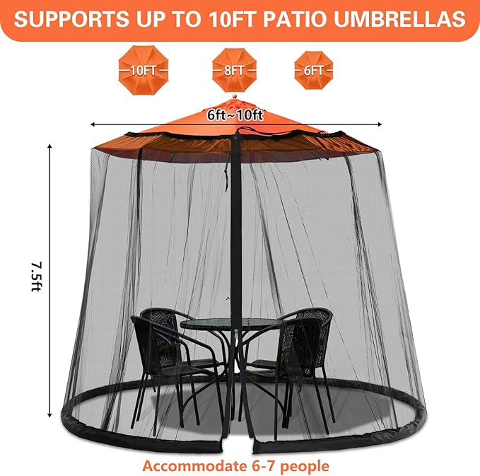 Patio Mosquito Netting - Mosquito net for Patio Garden and Outdoor Umbrellas with Adjustable Elastic Cord and Zipper Umbrella net