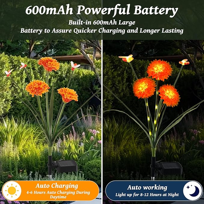 ZENFLORAL'S 2 Pack Solar Garden Lights with Flower and Swaying Bee Decor, Waterproof LED Solar Flowers Outdoor,2 Mode Light for Garden,Patio,Yard,Pathway,Decoration Gifts for Women Mother's Day