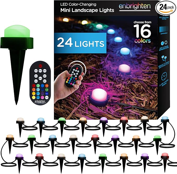 Enbrighten Premium LED Garden Lights, 24 Small Landscape Lights, 46ft Cord plus 22ft Lead Wire, Color Changing, Remote Control, Outdoor Landscape Lighting, 41369