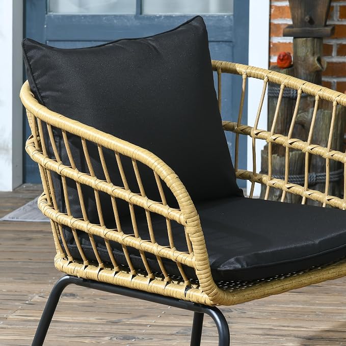 Outsunny 5 Piece PE Rattan Outdoor Furniture Set with Cushioned Chairs & Loveseat Sofa, Patio Sectional Furniture Set, Conversation Sofa Set with Stackable Coffee Tables, Black