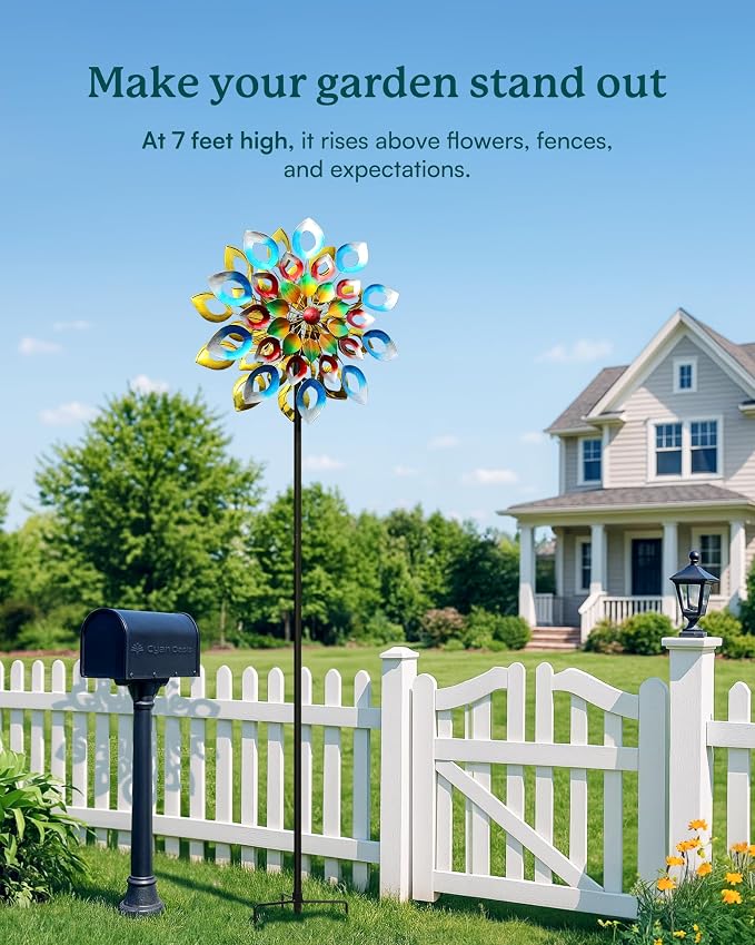 Yard Garden Wind Spinners with Stake - Large Outdoor Metal Wind Spinners, Lawn Yard Art Garden Decor (24" W x 84" H)
