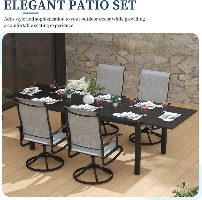 PIZZELLO 7 Pieces Patio Dining Set, 106" Extendable Aluminum Patio Dining Table w/ 6Pcs Textilene Swivel Patio Chairs, All-Weather Outdoor Table and Chairs Sets for Backyard, Garden and Deck