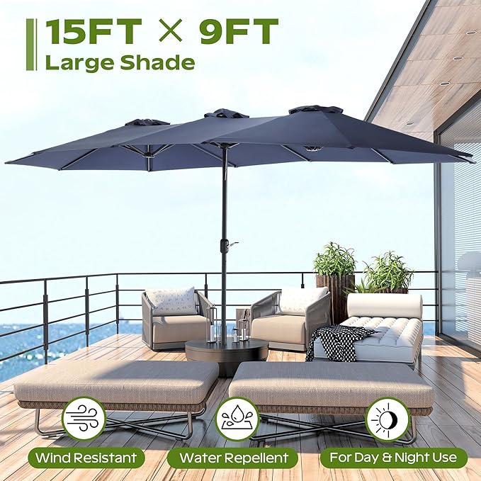 15ft Umbrella Outdoor Patio - Double-Sided Large Market Rectangle Umbrellas with Crank Handle for Patio Garden Yard Pool (No Base)