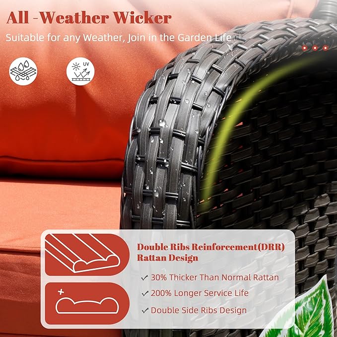 Patio Furniture Conversation Set with Ottomans, 6 Piece Wicker Patio Swivel Rocking Chairs with 360° Swivel Glider and Glass Coffee Table for Porch, Deck, Garden,Red