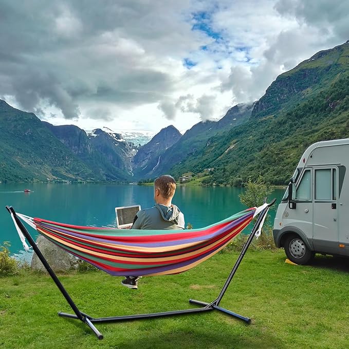 Double Hammock with Space Saving Metal Stand, 440 lb Capacity, Premium Striped Camping Hammock Portable for Outside, Carry Bag Included