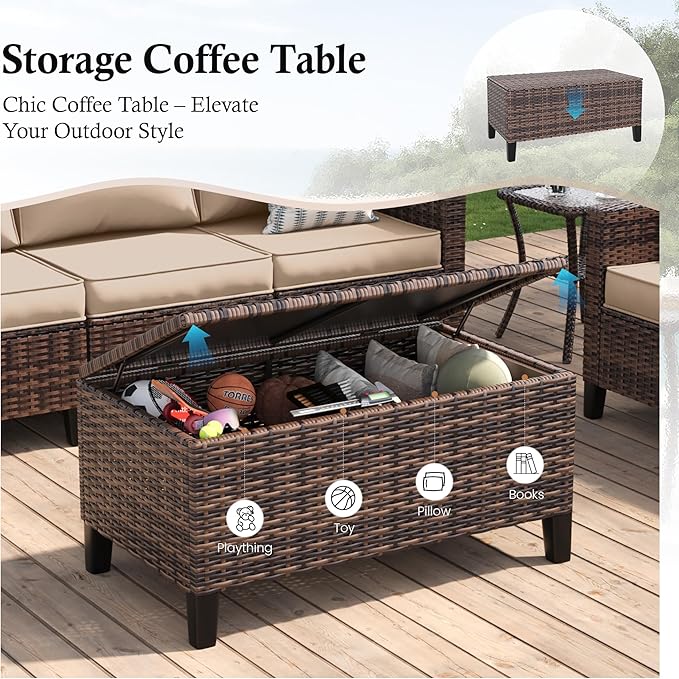 Amopatio Patio Furniture Set, 6-Piece Wicker Outdoor Sectional Sofa with Swivel Rocker Chairs, Rattan Conversation Set with Storage Coffee Table and Waterproof Cover for Backyard Brown/Khak