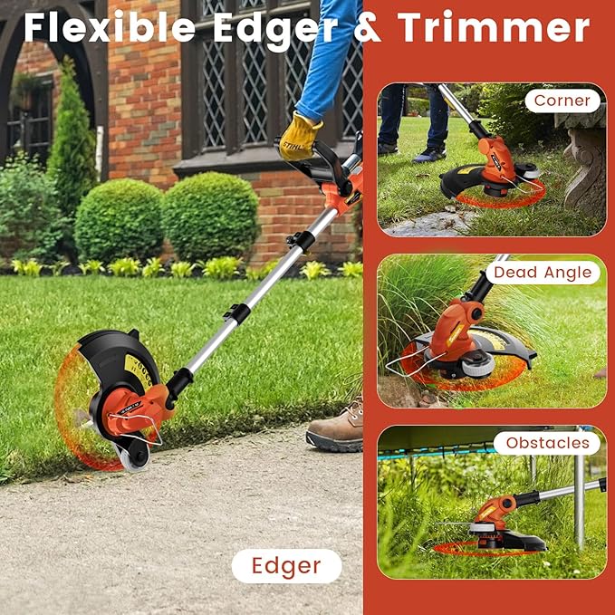 20V 12" Cordless String Trimmer With 2 X 2.0Ah Battery and Charger, Electric Grass Trimmer Battery Powered Eater String, Edger Lawn Tool Grass Cutter With 8pcs Line, Lawn Mover For Garden Yard, Orange