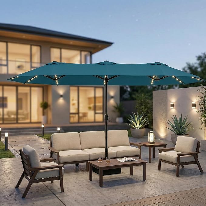 15ft Large Patio Umbrella with Solar Lights and Base, Double-Sided Outdoor Rectangle Umbrella with 48 LED Lights, Market Table Umbrellas with UV Resistant Canopy