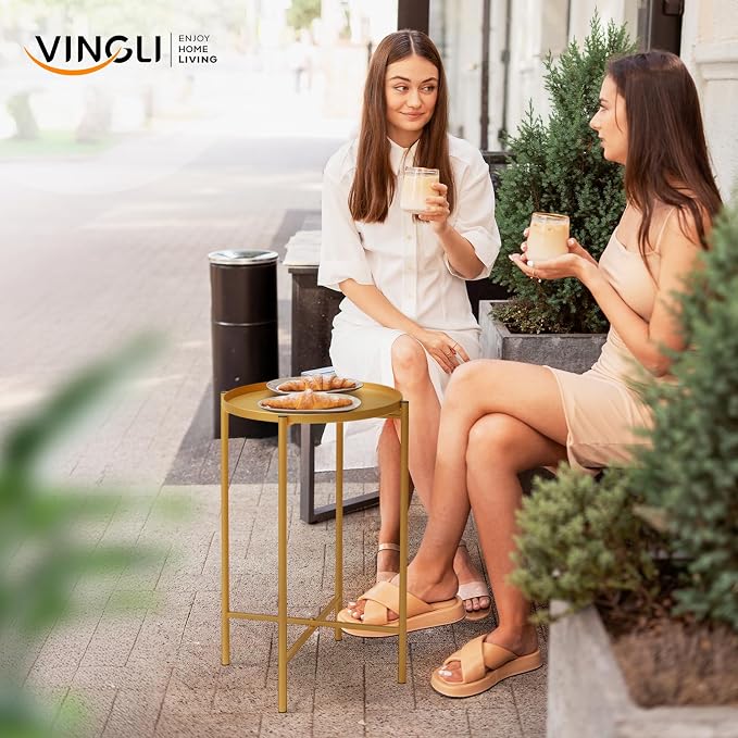 VINGLI Round Metal Side Table with Removable Tray, Outdoor Patio Coffee Table, Waterproof End Table for Small Spaces, Outdoor Patio, Living Room, Bedroom, Balcony (X-Brace & Non-Slip Pads) (2, Gold)