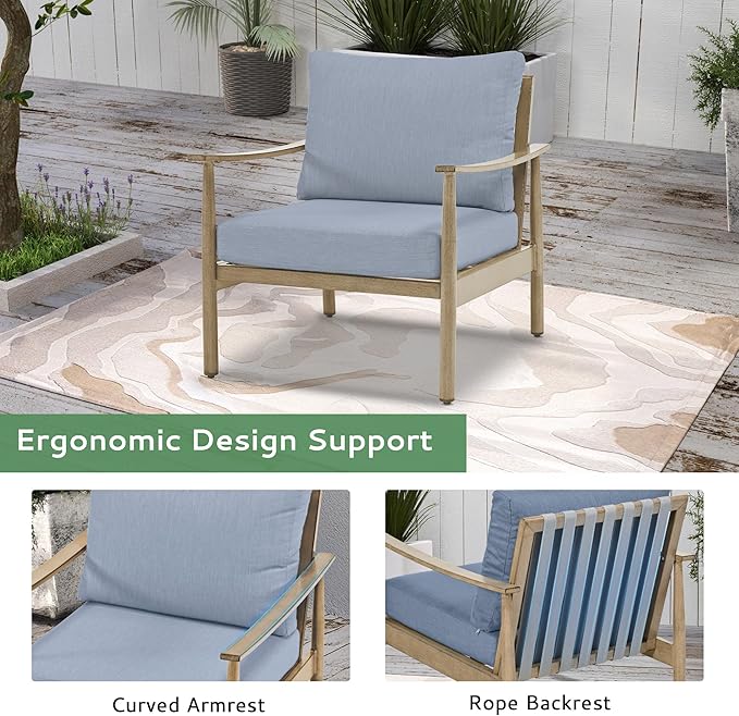 6 Pieces Aluminum Outdoor Patio Furniture Set with Coffee Table, Cushioned Loveseat and Armchairs with Ottomans, All-Weather Conversation Set for Yard Porch Deck, Blue & Brown