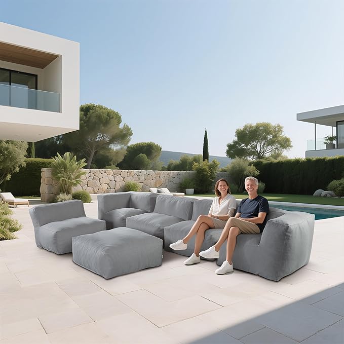 Patio Furniture Set, 6 Pcs Outdoor Conversation Set with Bean Bag Middle Chairs, Corner Chair, Ottomans, Modern Foam Couch Set for Garden, Deck, Balcony (6, Deep Gray)