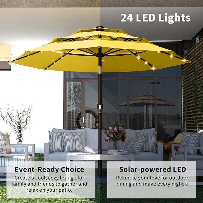 Kingdura 9ft 3-Tier Patio Umbrella with Solar Lights, Table Umbrella Outdoor Patio with Easy Crank & Tilt, 8 Sturdy Ribs, UV Protection, 32 LED Lights for Deck, Poolside, Market (Yellow)