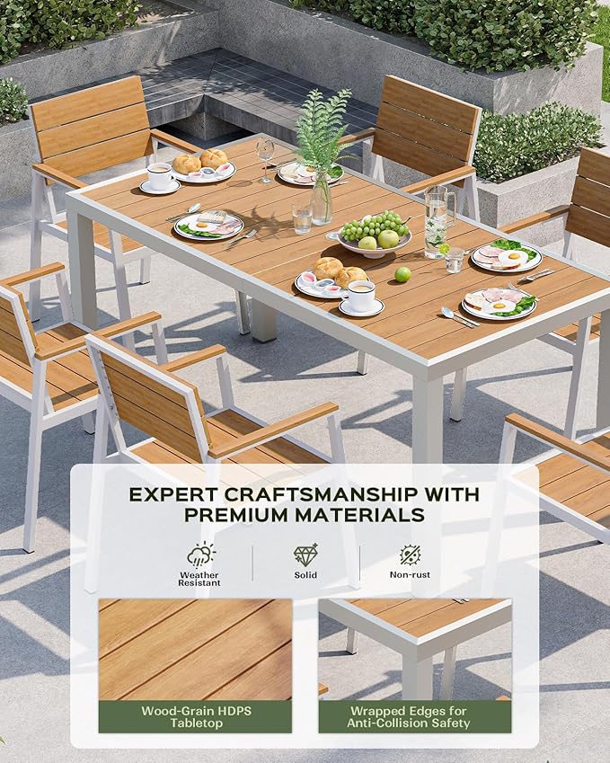 Vexwalx Outdoor Dining Chairs Set of 2, HDPS + Aluminum Patio Dining Chairs with Ergonomic Design and Wide Seat, 2 Piece Outdoor Chairs for Garden, Backyard, Deck (White-Teak)