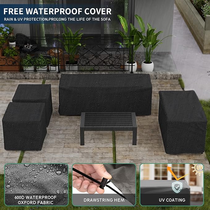 Amopatio Aluminum Patio Furniture, 8 Pieces Metal Outdoor Furniture Set, Modern Patio Sofa Sets Outdoor Sectional for Pool, Garden, Dark Grey&Blue (Included Waterproof Covers)