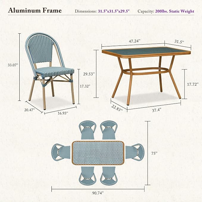 PURPLE LEAF 7-Piece French Bistro Dining Set Rectangle Outdoor Patio Table and 6 Armless Chairs Tempered Glass Top PE Rattan Champagne Print Finish Aluminum Frame Light Blue
