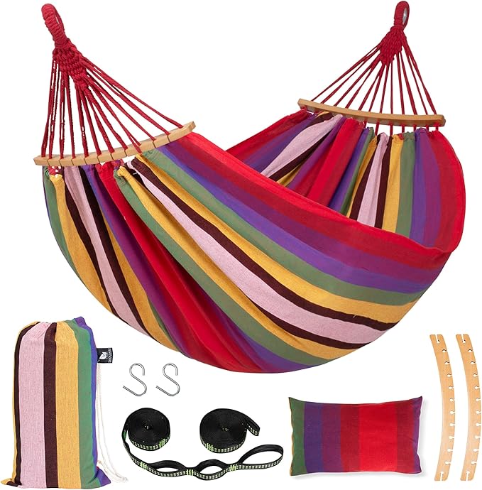SUNCREAT Hammocks Outdoor Camping Double Hammock with Spreader Bar, Carrying Bag, Backyard Hammock for Outside, Red & Yellow