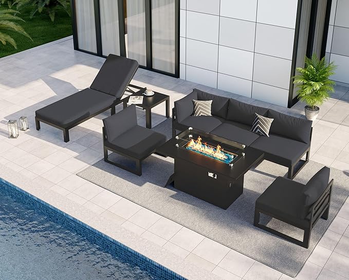 NICESOUL 8 Piece Luxury Aluminum Outdoor Sectional Sofa with Chaise Lounge & Firepit, Large Modular Patio Furniture Set, 29" Deep Wide Seating, 500 lbs Heavy Duty Conversation Set for Deck, Dark Gray