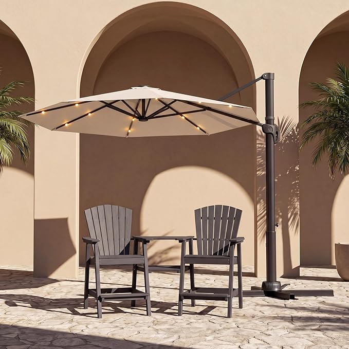 Kingdura 9ft Cantilever Patio Umbrella with Base Included & Solar Lights, Large Round Metal Outdoor Offset Umbrella with 360-degree Rotation, 4 Position Tilt, UV Protection for Pool Deck Patio (Beige)