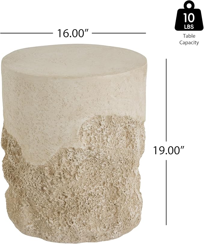 Outdoor MGO Side Table, Rugged Coral-Texture Round Accent Table, Beige Neutral Finish, Lightweight & Sturdy Patio, Balcony, Poolside, Bohemian & Coastal Homes, Fully Assembled