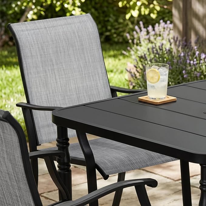 NUU GARDEN 5-Piece Patio Dining Set with Umbrella Hole, Outdoor Dining Set with 4 Textilene Chairs and 1 Square Metal Table, All Weather Patio Furniture Set for Backyard, Garden, Gray and Black