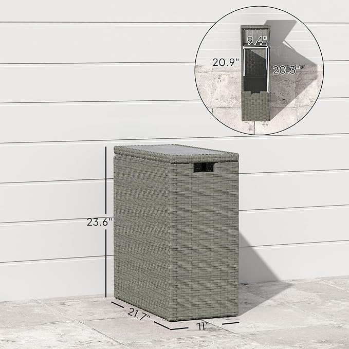 Outsunny 17 Gallon Wicker Small Deck Box, PE Rattan Outdoor Storage Box with Slatted Acacia Wood Flip Top for Indoor, Patio Furniture Cushions, Pool Supplies, Garden Tools, UV Resistant, Gray