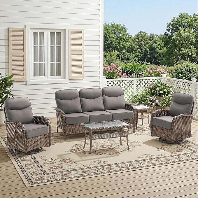 HUMMUH 5-Piece Patio Furniture Set with 6" Thick Cushion High Back Outdoor Swivel Rocker Chairs,3-Seater Sofa,Coffee Table & Ottomans,Wicker Outdoor Conversation Set for Deck, Porch,Poolside