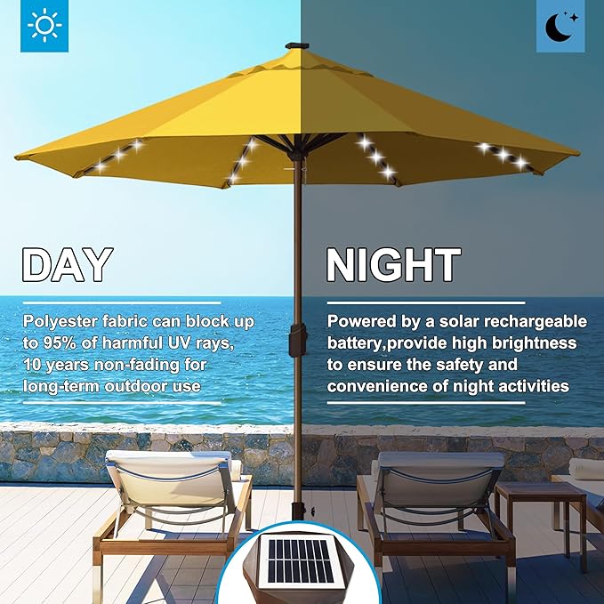 Eurmax USA 10-Year-Non-Fading 10FT Outdoor Patio Market Umbrella with LED Lights,UPF50+ UV Resistant,Heavy Duty Commercial Grade,Crank Lift Design,Windproof Vented Top for Garden,Pool,Sunflower Yellow