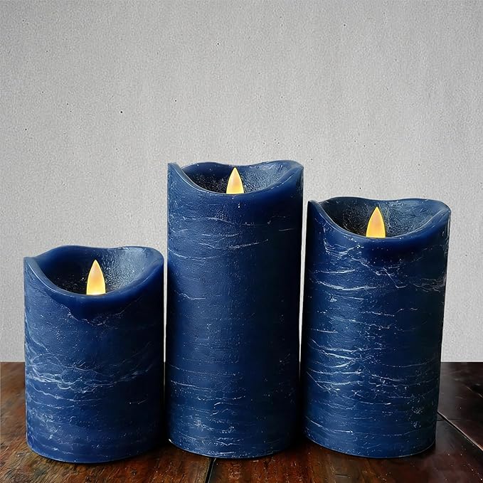 Real Wax Flameless Candles Set of 3 (D 3" x H 4" 5" 6") Battery Operated LED Candle with Timer Home Decorative Pillar Flickering Lights,Wedding Party Events Decor,Navy Blue