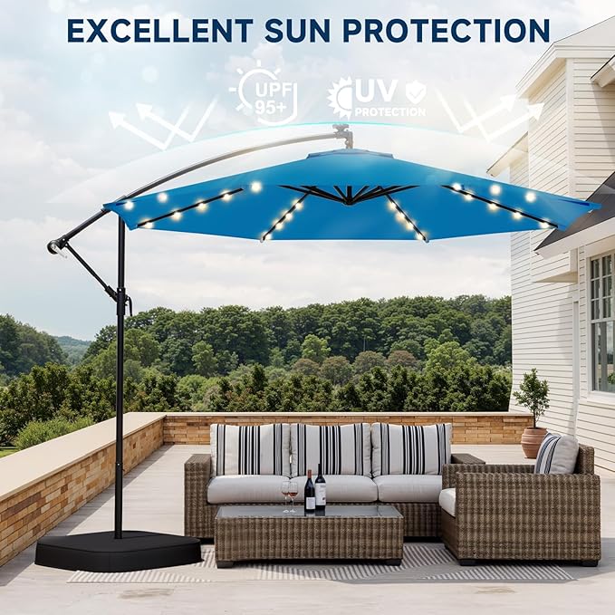 10FT 40-LED Solar Lighted Patio Umbrella with Base Included, Outdoor Offset Cantilever Umbrella, Infinite Tilt, UV Protection for Backyard, Lawn, Garden & Pool