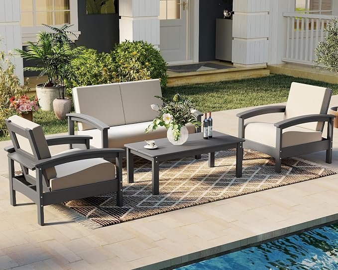 GREENVINES Deluxe 4-Piece Patio Furniture Set | HDPE Plastic | Outdoor Sectional Conversation Sets | All-Weather Couch | Sofa with Coffee Table | Black Frame w/Beige Cushion | for Porch Lawn | Gray