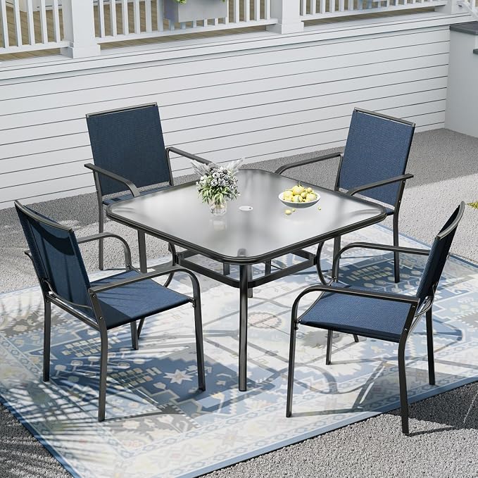 Outdoor Patio Set, 37" Square Glass Dining Table and 4pcs Stackable Chairs, All-Weather Patio Furniture Set with 1.7" Umbrella Hole for Garden Backyard Lawn Poolside