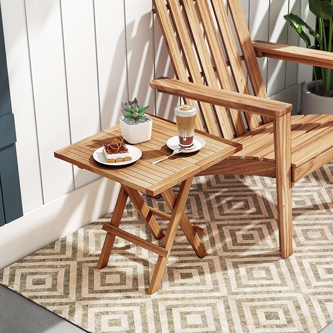 RELAX4LIFE Folding Outdoor Side Table - Set of 2 Teak Wood End Table, Square Coffee Bistro Table w/Slatted Tabletop, Portable Picnic Camp Table for Poolside Porch Garden, Foldable Small Patio Table