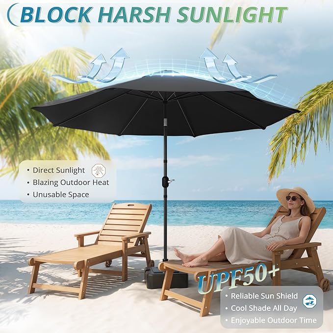 LUE BONA 10FT Patio Umbrella, Waterproof Outdoor Market Umbrella with Easy Crank & Tilt, Patio Table Umbrella for Deck Garden Backyard Pool, Black