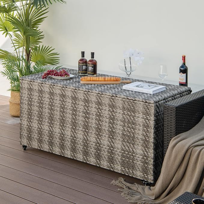 HAPPYGRILL PE Wicker Outdoor Deck Box, 96 Gallon Storage Box with 4 Wheels and Liner, 2-in-1 Multifunctional Storage Box for Patio Furniture Cushions Garden Tools Pool Accessories