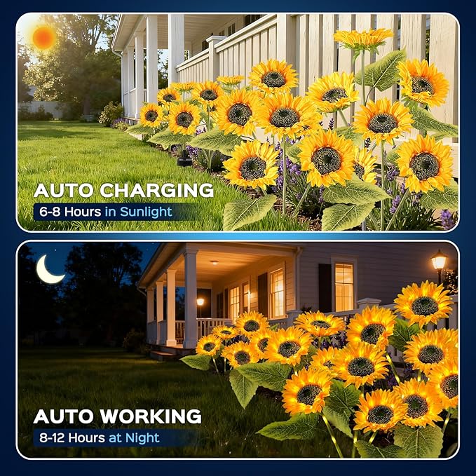 TANSOREN 6 Pack Solar Garden Lights Outdoor, 2 Lighting Modes Warm White LED Waterproof Solar Powered Sun Flowers Landscape Light for Outside Yard, Patio, Pathway Decorative, Décor, Gifts