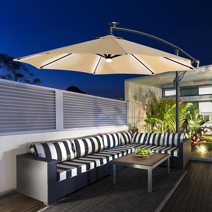 Yaheetech 10 FT Solar Powered LED Patio Umbrella Outdoor Cantilever Umbrella, UV Protection & Windproof, Offset Hanging Sunshade w/Strip Lights & Hub Light for Backyard Garden Pool