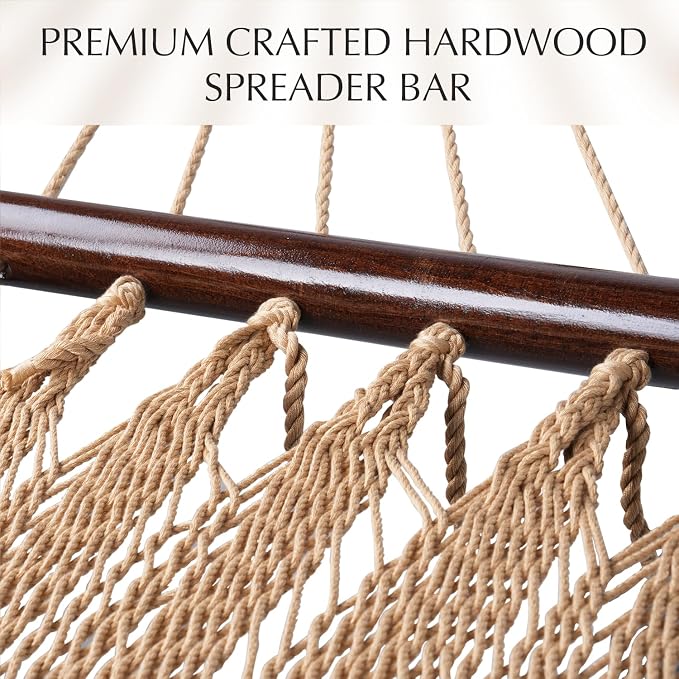 PNAEUT 2 Person Caribbean Rope Hammocks for Outside, 12ft Handwoven Polyester Double Hammock with Spreader Bar for Outdoor Indoor, Max 600 lbs Capacity (Tan)